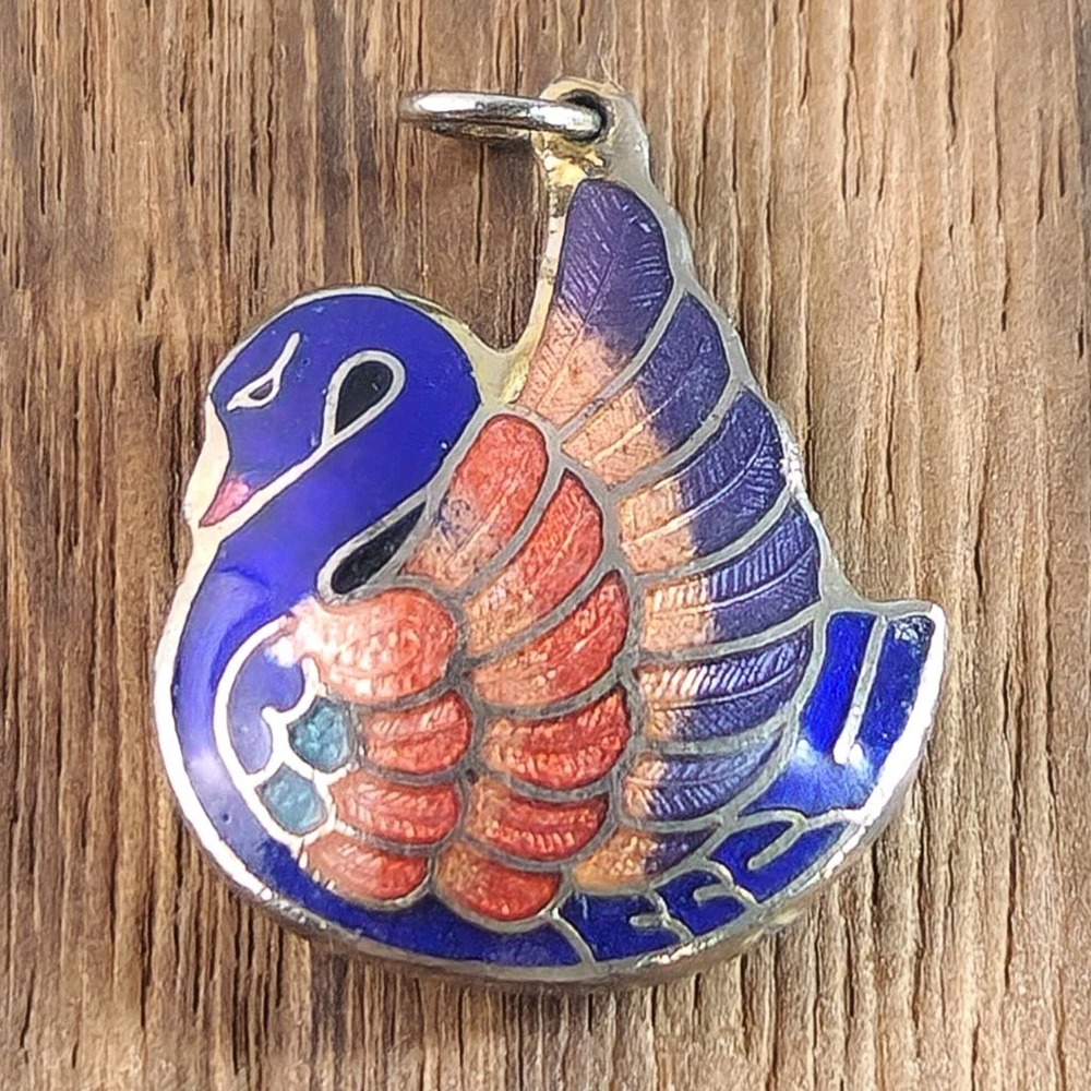 Vintage Cloisonne Swan‎ Pendant Blue Enamel Bird Charm Gold Tone Small